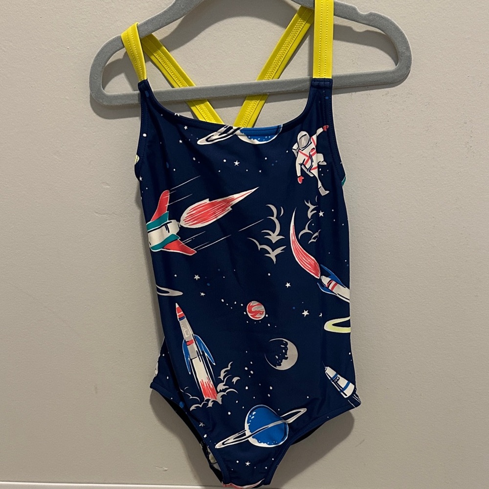 Mini Boden Navy Space Rocket One-Piece Swimsuit with Yellow Straps
